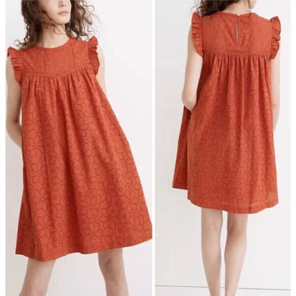 Madewell Eyelet Ruffle-Sleeve Mini Dress in Fresh Chili, Size XS - Picture 2 of 16